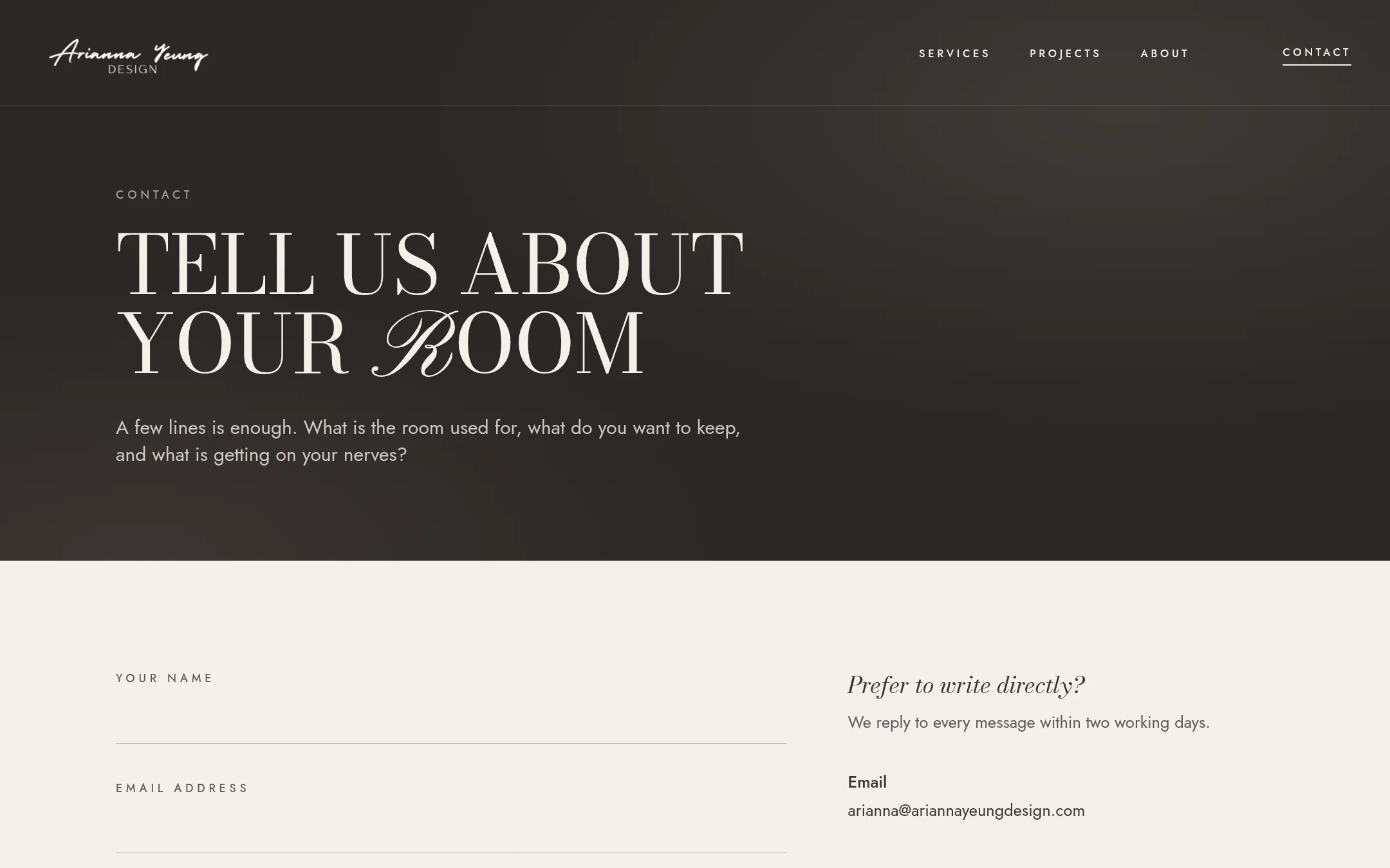 Contact page headed “Tell us about your room” with a consultation form and direct email address.