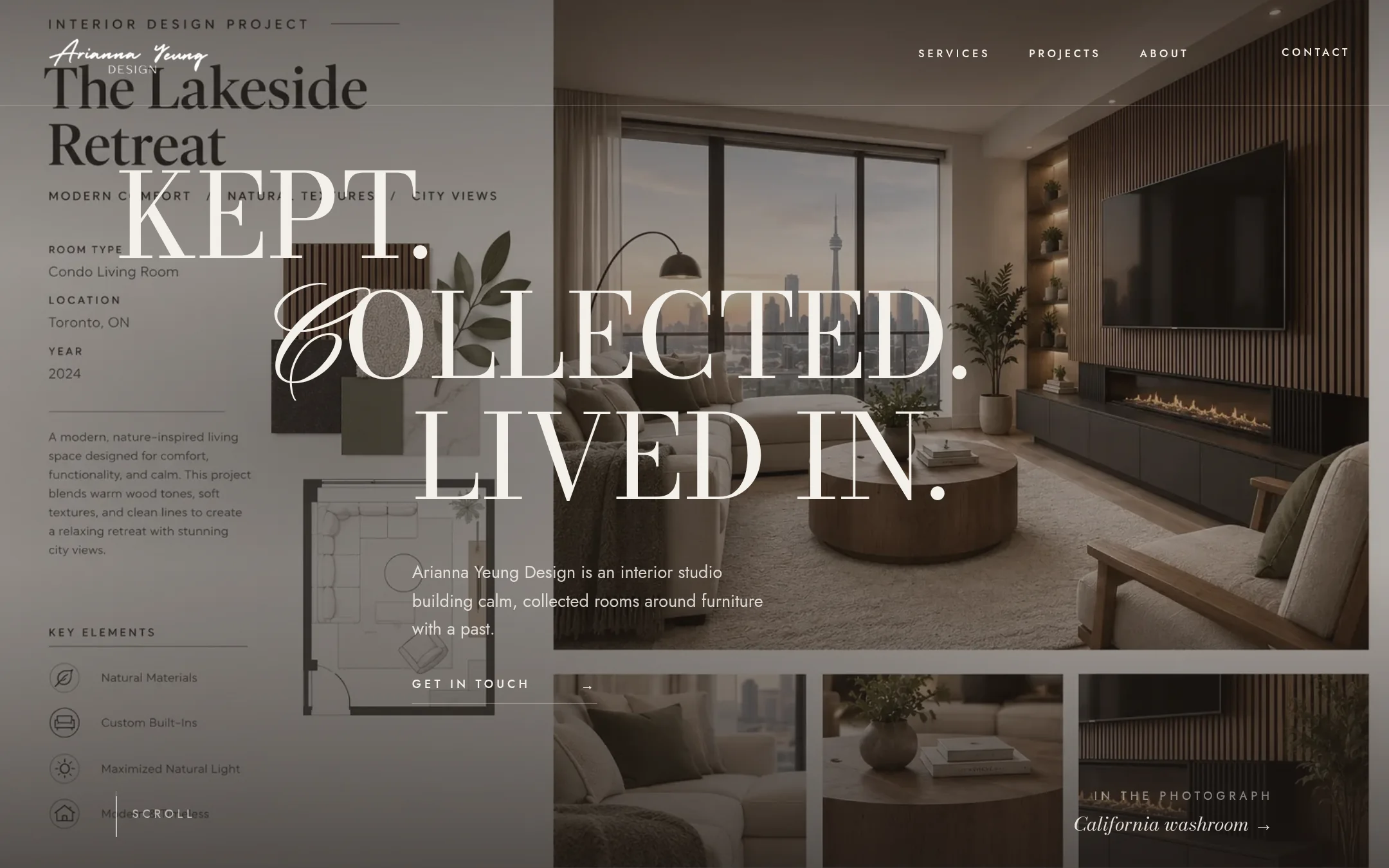 Arianna Yeung Design homepage: the headline “Kept. Collected. Lived in.” over a warm, wood-panelled living room with a city view.