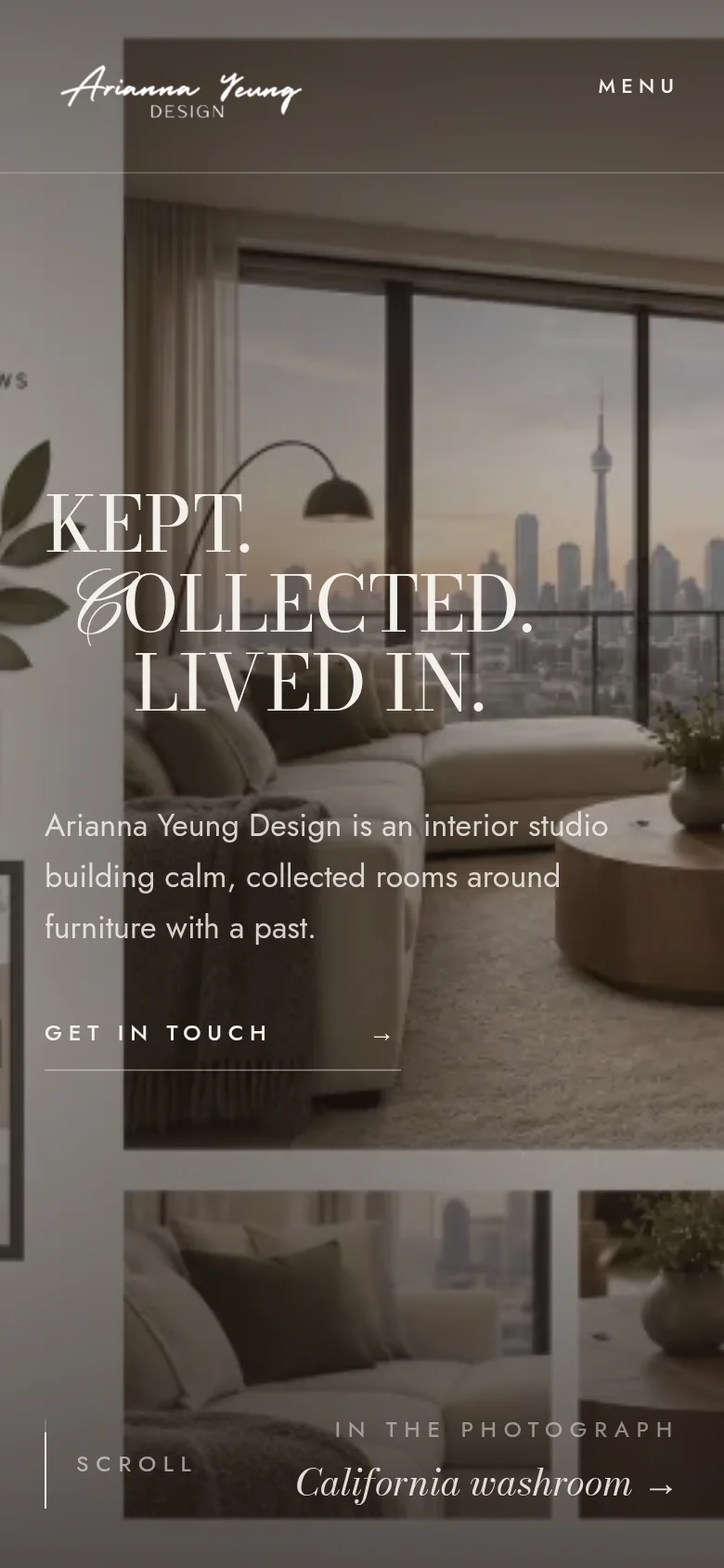 Homepage on a phone with the headline over a softened living-room photo.