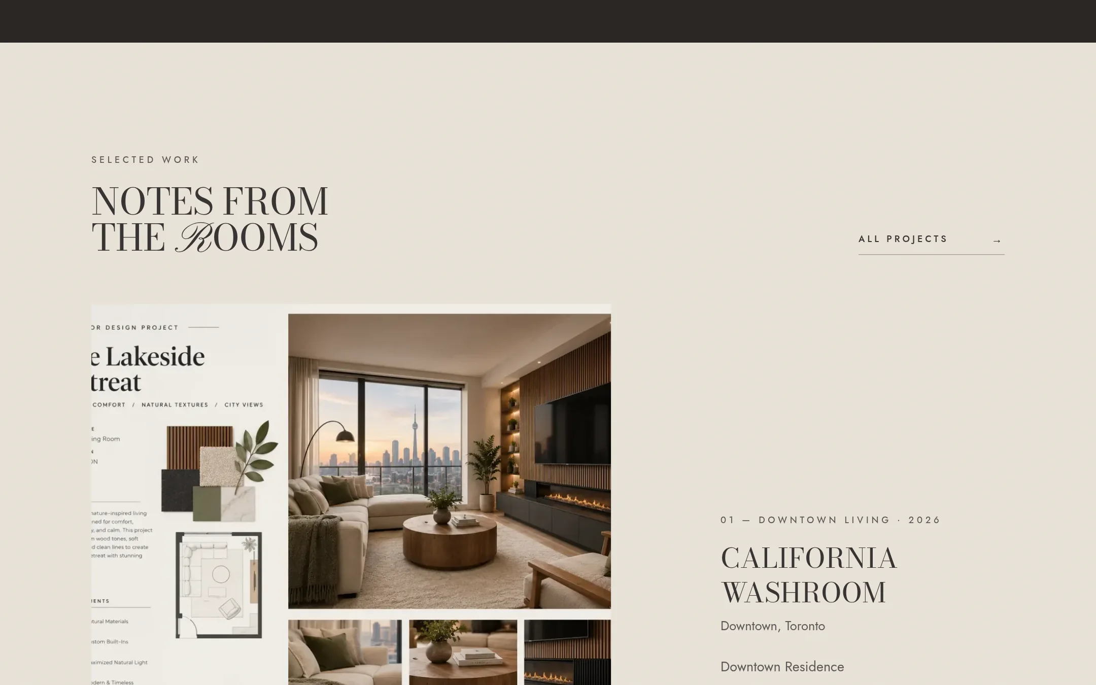 “Notes from the rooms” section showing a project design board with a living room render, floor plan and material swatches.