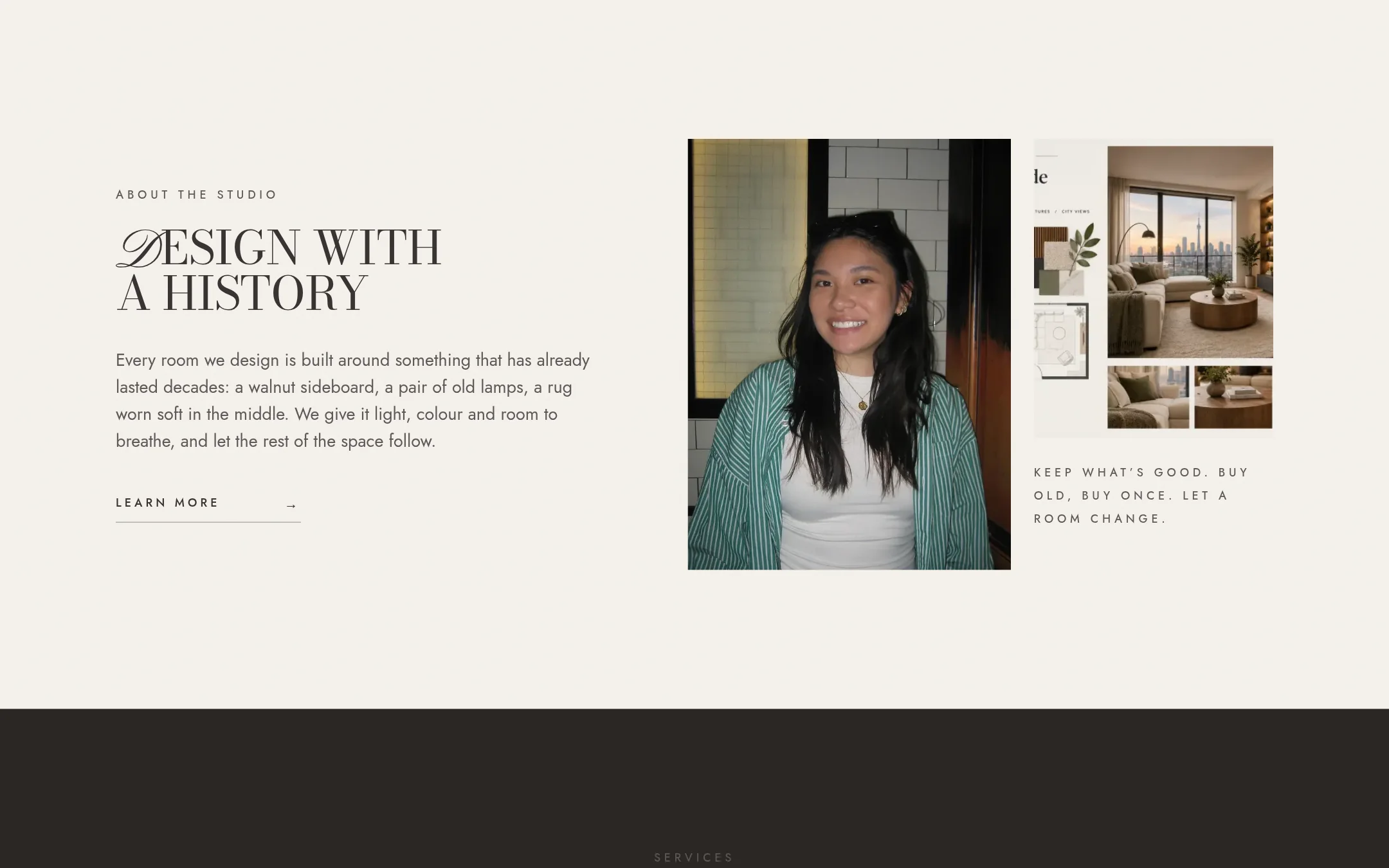 “Design with a history” section introducing the studio beside a portrait of Arianna and a project collage.