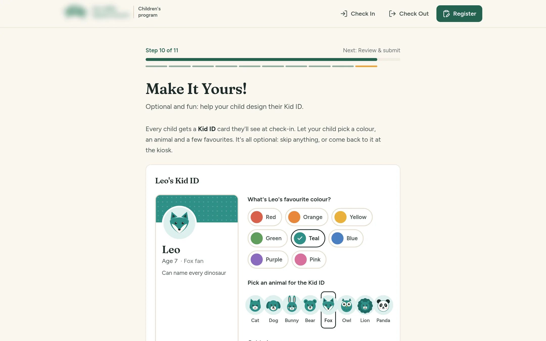 The “Make It Yours!” registration step: a Kid ID card for Leo with a teal fox avatar, beside colour and animal choices.