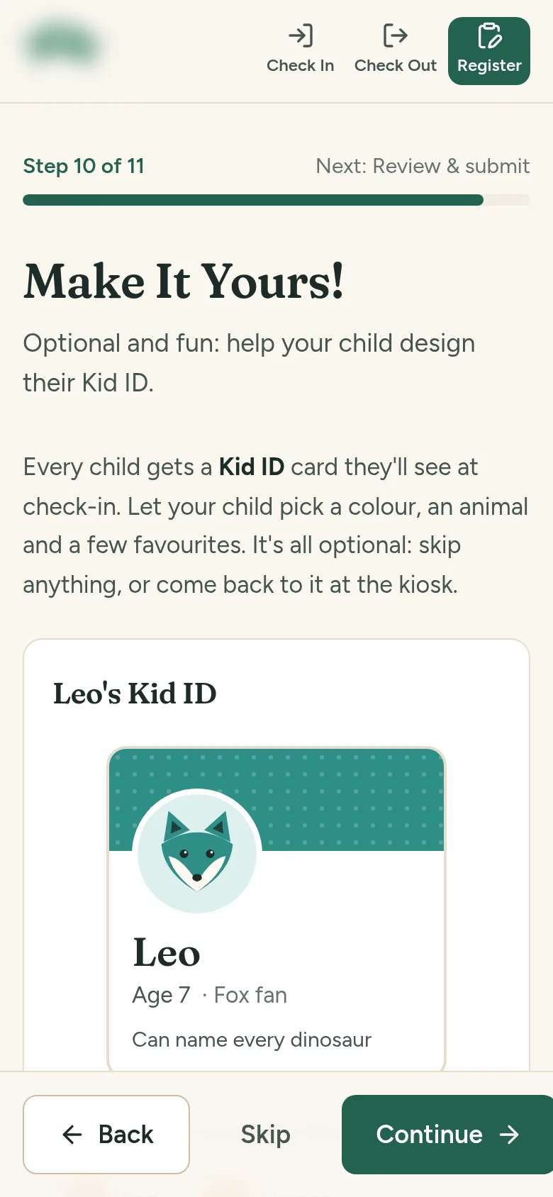 A child's Kid ID card on a phone, with a fox avatar, age and a fun fact.