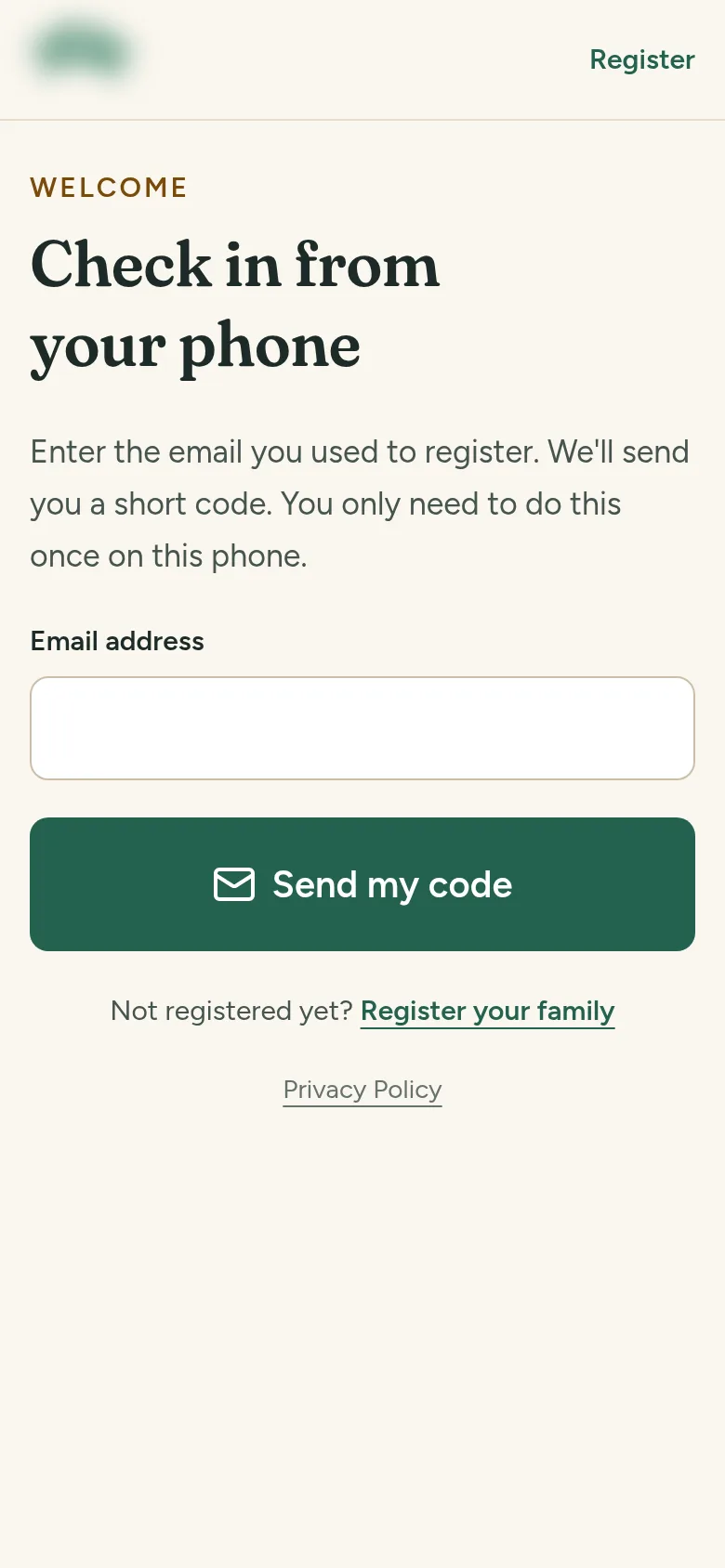 Phone check-in sign-in: enter the email used to register to receive a short one-time code.