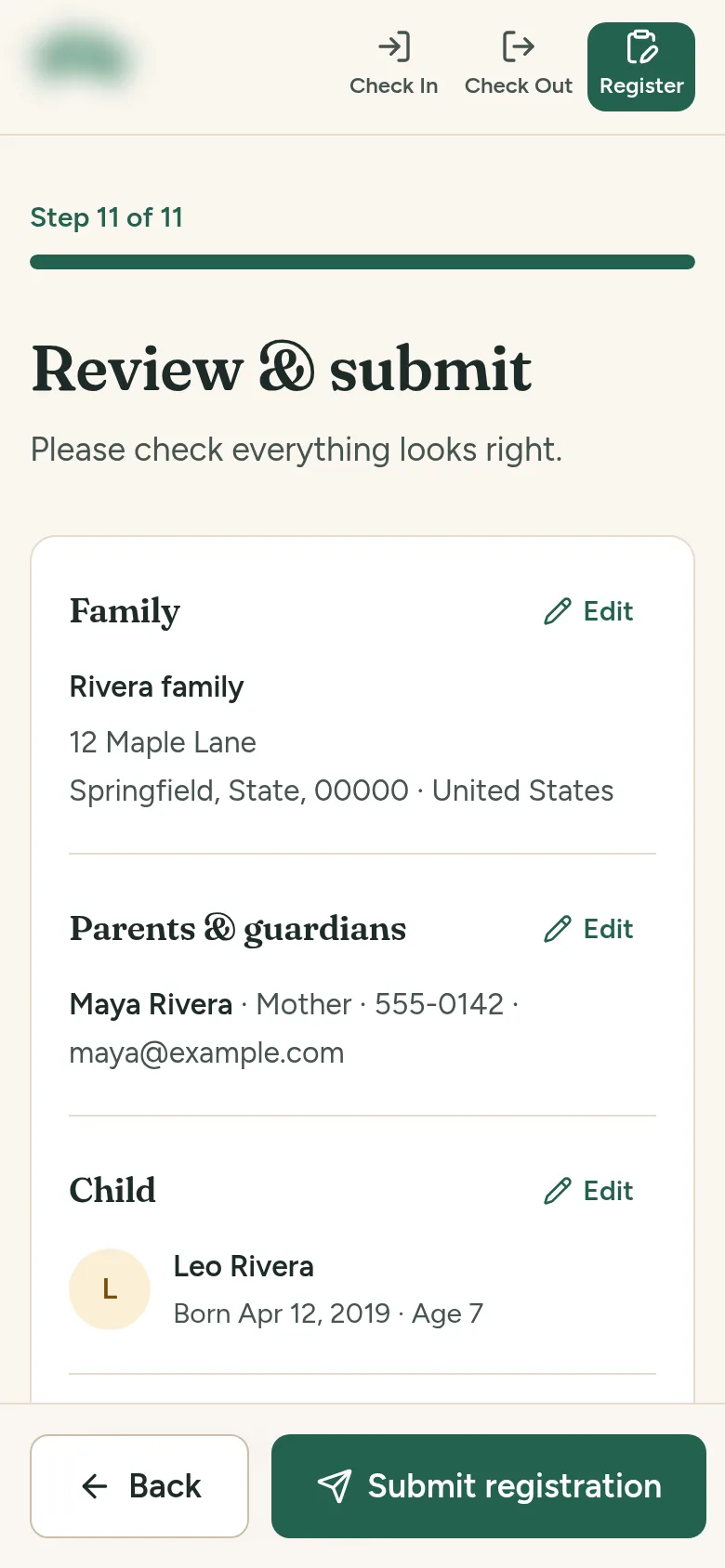 The review step on a phone, summarising the family, parents and child, each with an Edit link.