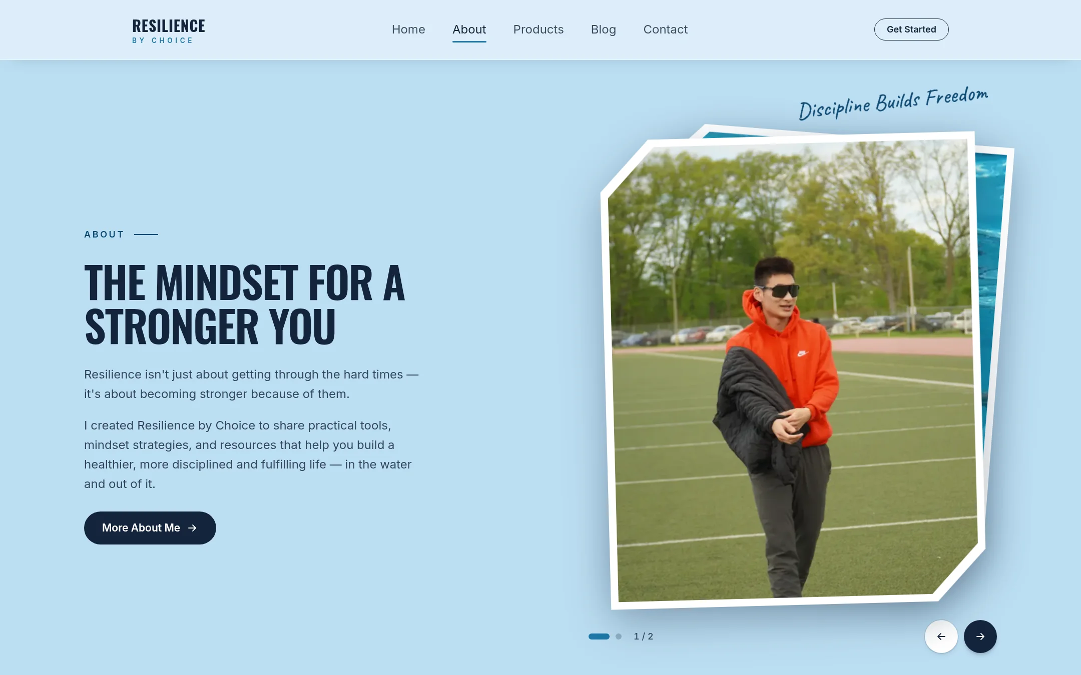 About page introduction beside a tilted photo carousel captioned “Discipline builds freedom”.