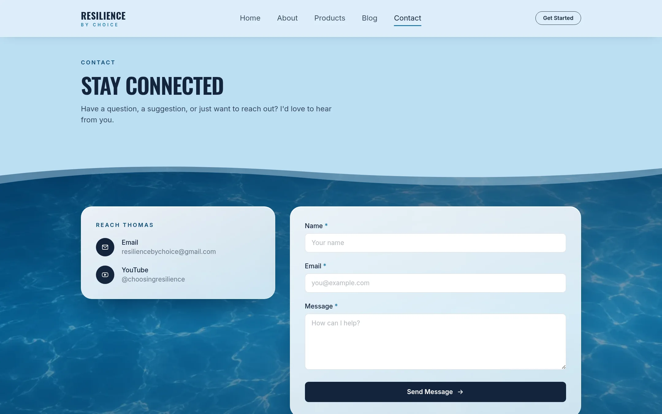Contact page with contact details and a message form on frosted panels over pool water.