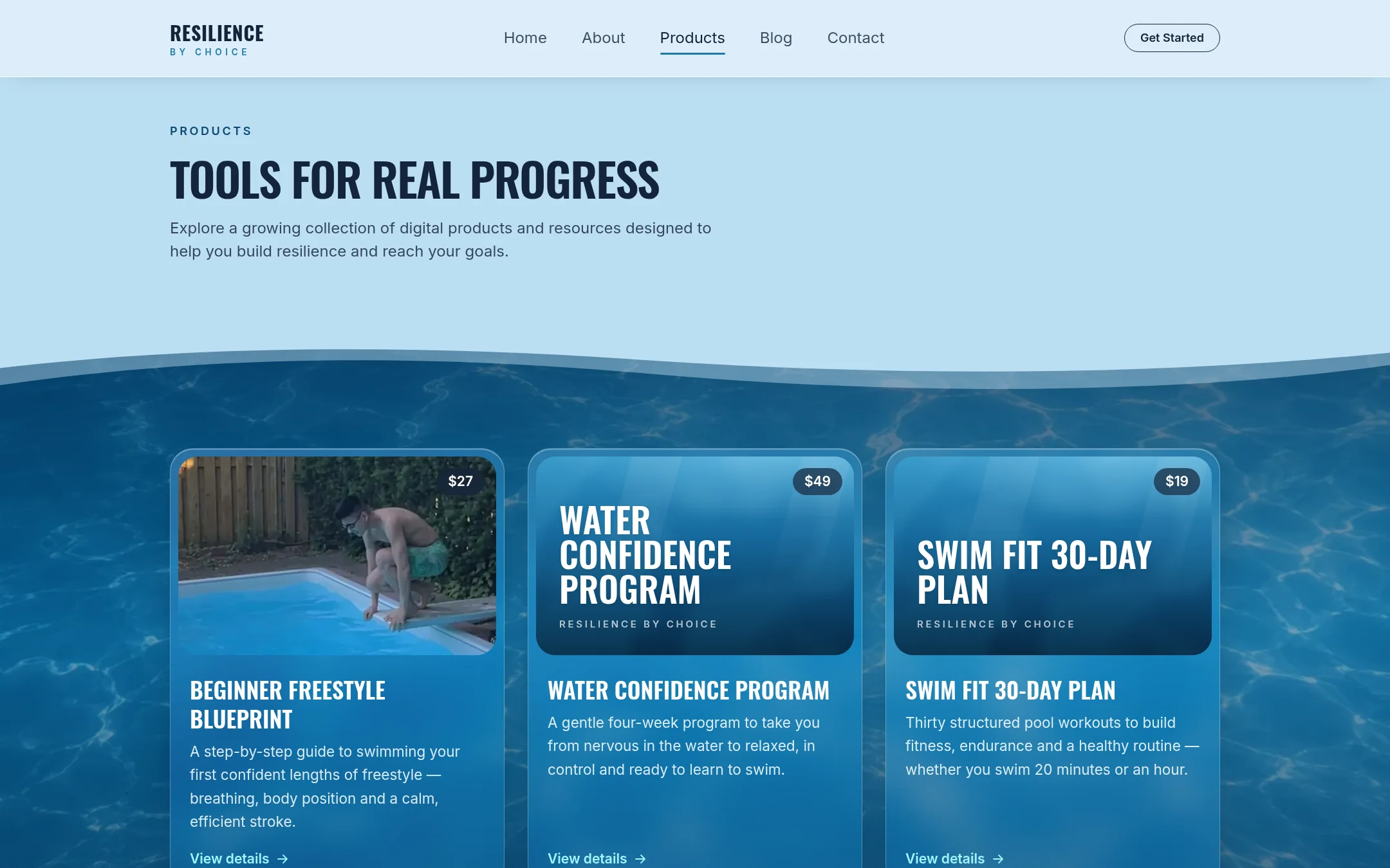 Products page with three program cards, each with a price, over a pool-water background.